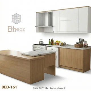 طراحی و اجرای کابینت آشپزخانه مدرن و جزیره دو سطحی | پروژه کد BED-161 (طرح چوب و سفید)