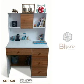 میز تحریر کتابخانه‌دار و میز کامپیوتر اسپرت | مدل SET-501 (سفید و گردویی)