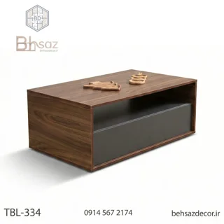میز جلو مبلی مدرن دو رنگ (کشودار) | مدل TBL-334 (طرح چوب و زغالی)