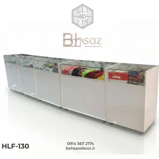 میز پیشخوان و ویترین شیشه‌ای (تمام دید) | مدل HLF-130 (مخصوص اکسسوری و پوشاک)